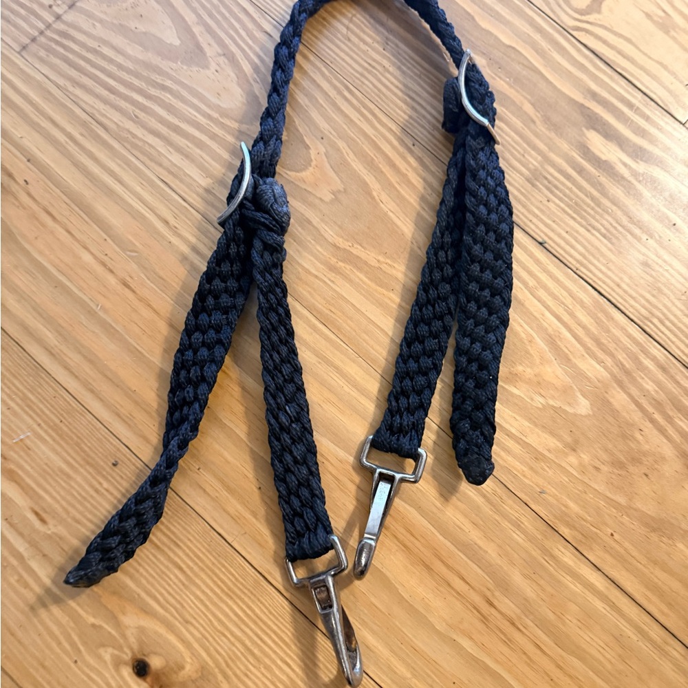 Braided Black breast collar with head stall with blue fringe accents